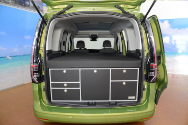 VanEssa sleeping system in addition to kitchen for Caddy rear view