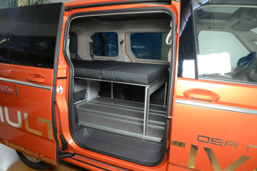 VanEssa sleeping system for the kitchen in the VW T7 Multivan double bed with mattress