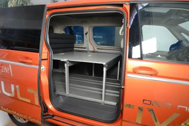 VanEssa sleeping system Van in the VW T7 Multivan side view of the sleeping board