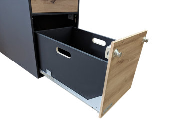 VanEssa  interior module T2 with storage space insert in WC/cool box pull-out raised in graphite wild oak