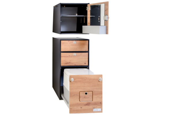 VanEssa interior module T2 with with top cabinet open graphit wild oak