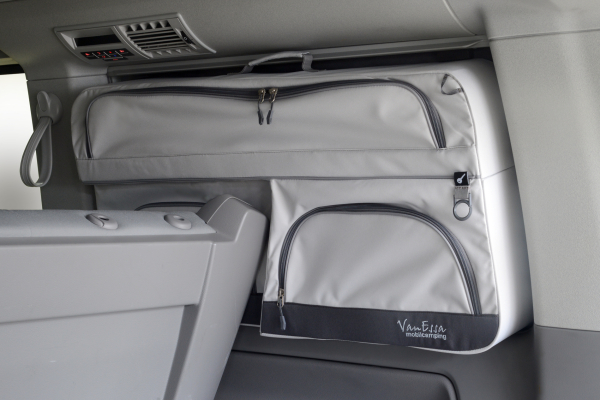 Original VanEssa Packing bag for VW T5 / T6 / T6.1 with a double bench - passenger side - light grey
