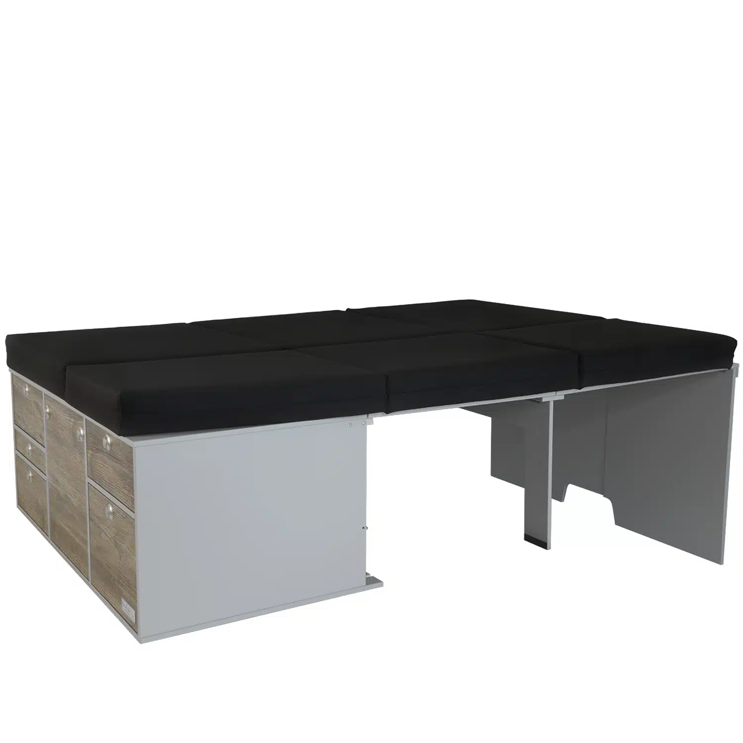 VanEssa sleeping system built into the rear kitchen with mattress