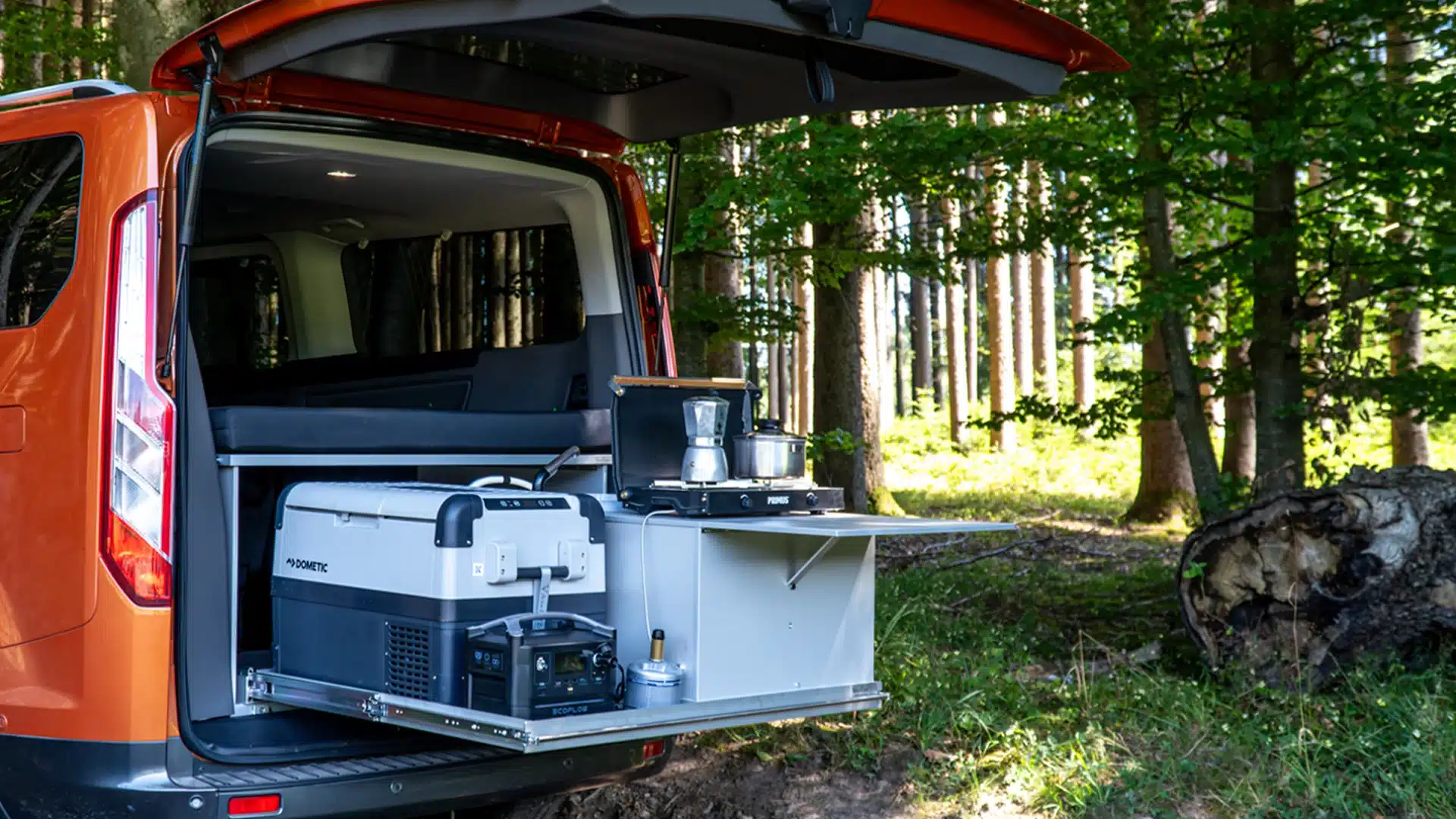 Tourneo Transit Custom camping modules Heavy-duty rear pull-out Riva with kitchen module and Dometic compressor cool box
