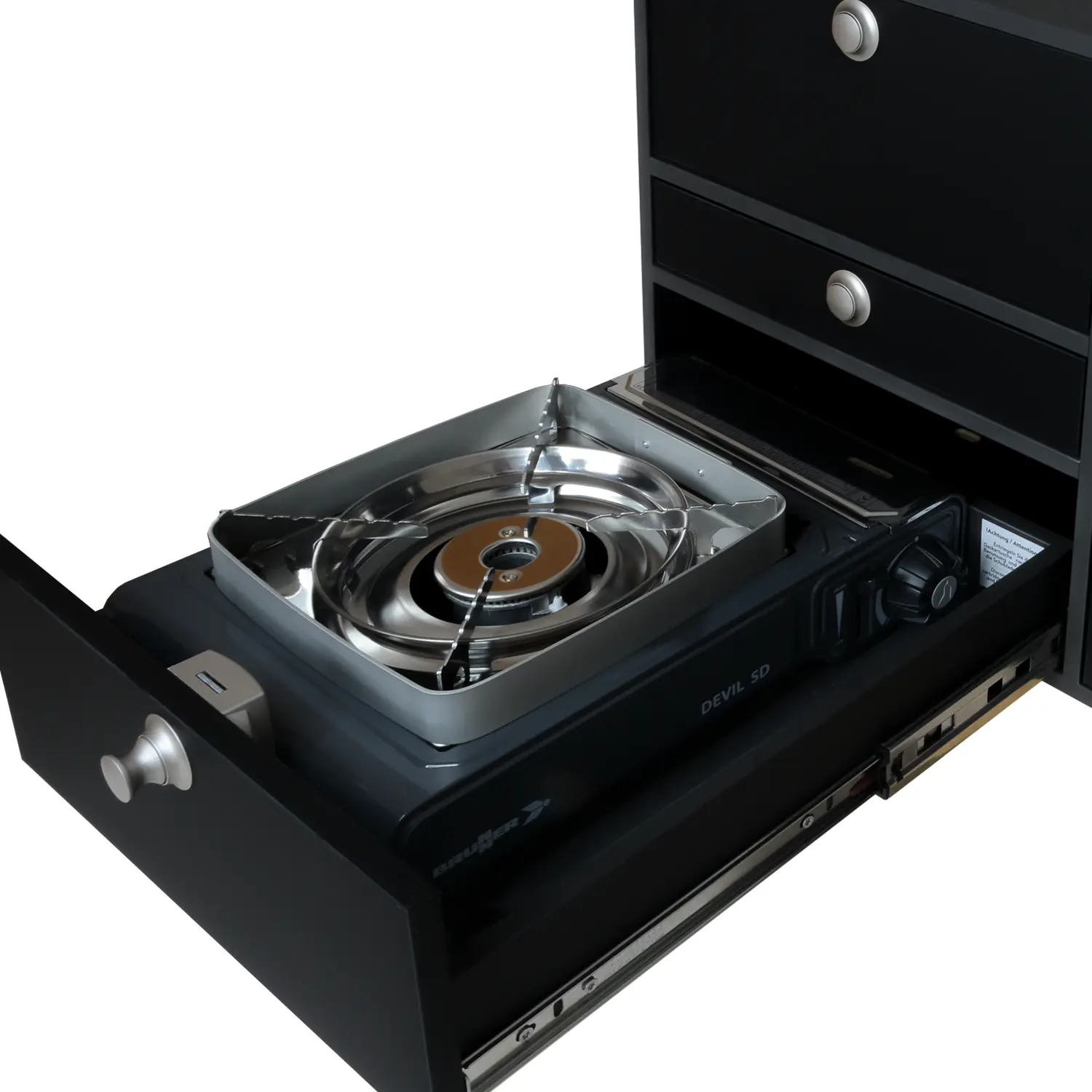 VanEssa Heckkueche niedrig Korpus-Graphit Front-Schwarz-matt Kocher