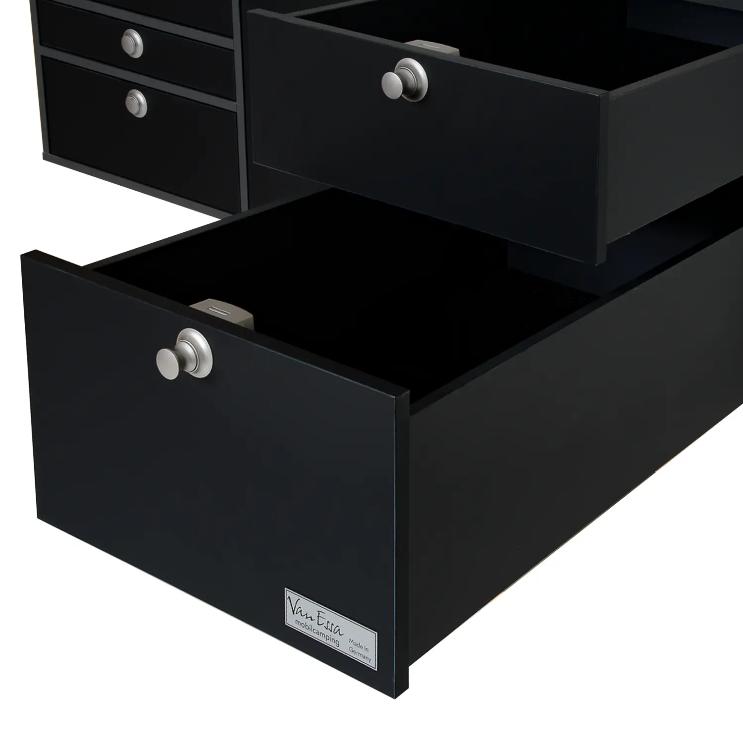 VanEssa Heckkueche niedrig Korpus-Graphit Front-Schwarz-matt Stauraumschubladen