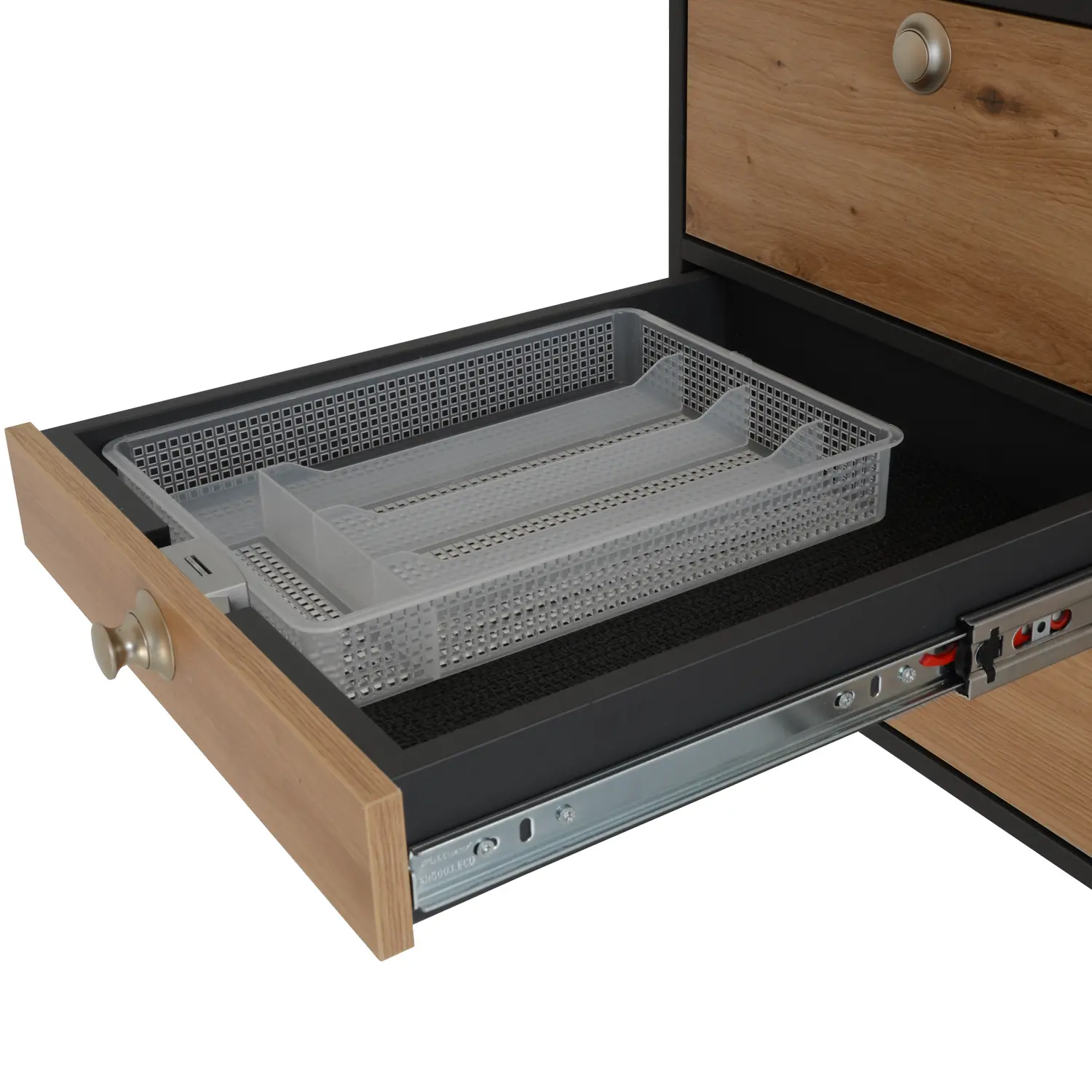 VanEssa Heckkueche niedrig Korpus-Graphit Front-Wildeiche Besteckschublade