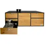 VanEssa Heckkueche niedrig Korpus-Graphit Front-Wildeiche Espresso mit Tassen