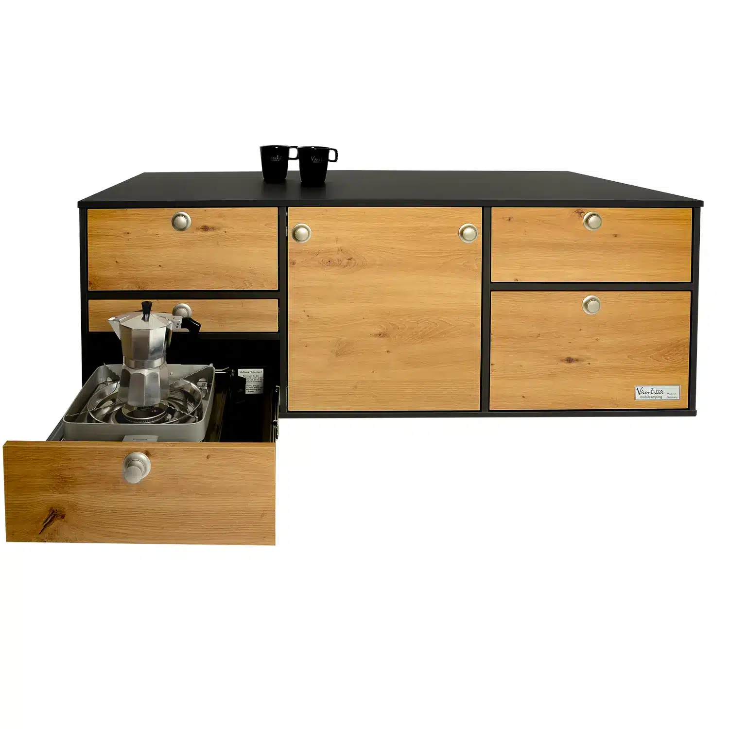 VanEssa Heckkueche niedrig Korpus-Graphit Front-Wildeiche Espresso mit Tassen