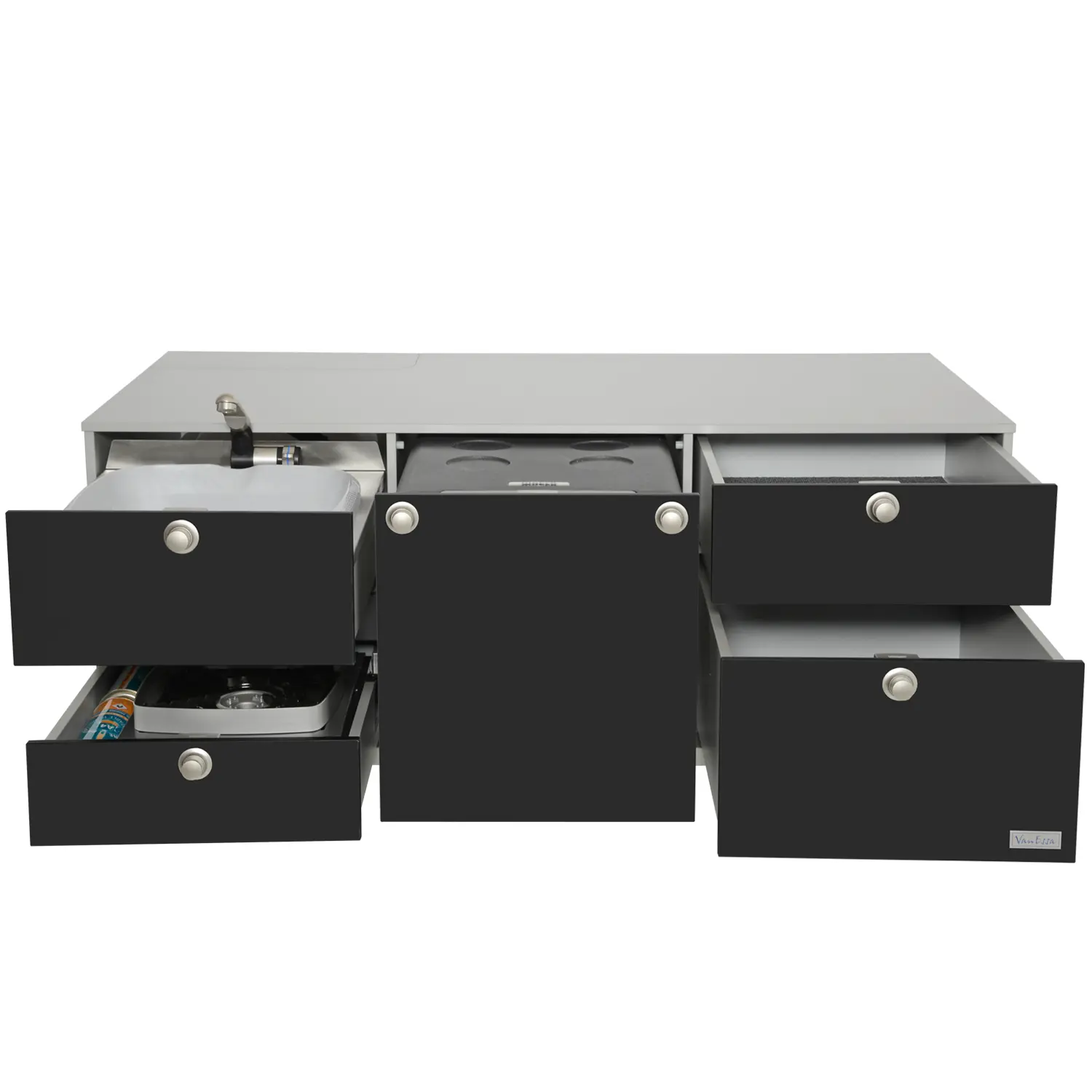 VanEssa Heckküche niedrig Korpus-Silber Front-Schwarz-matt offen