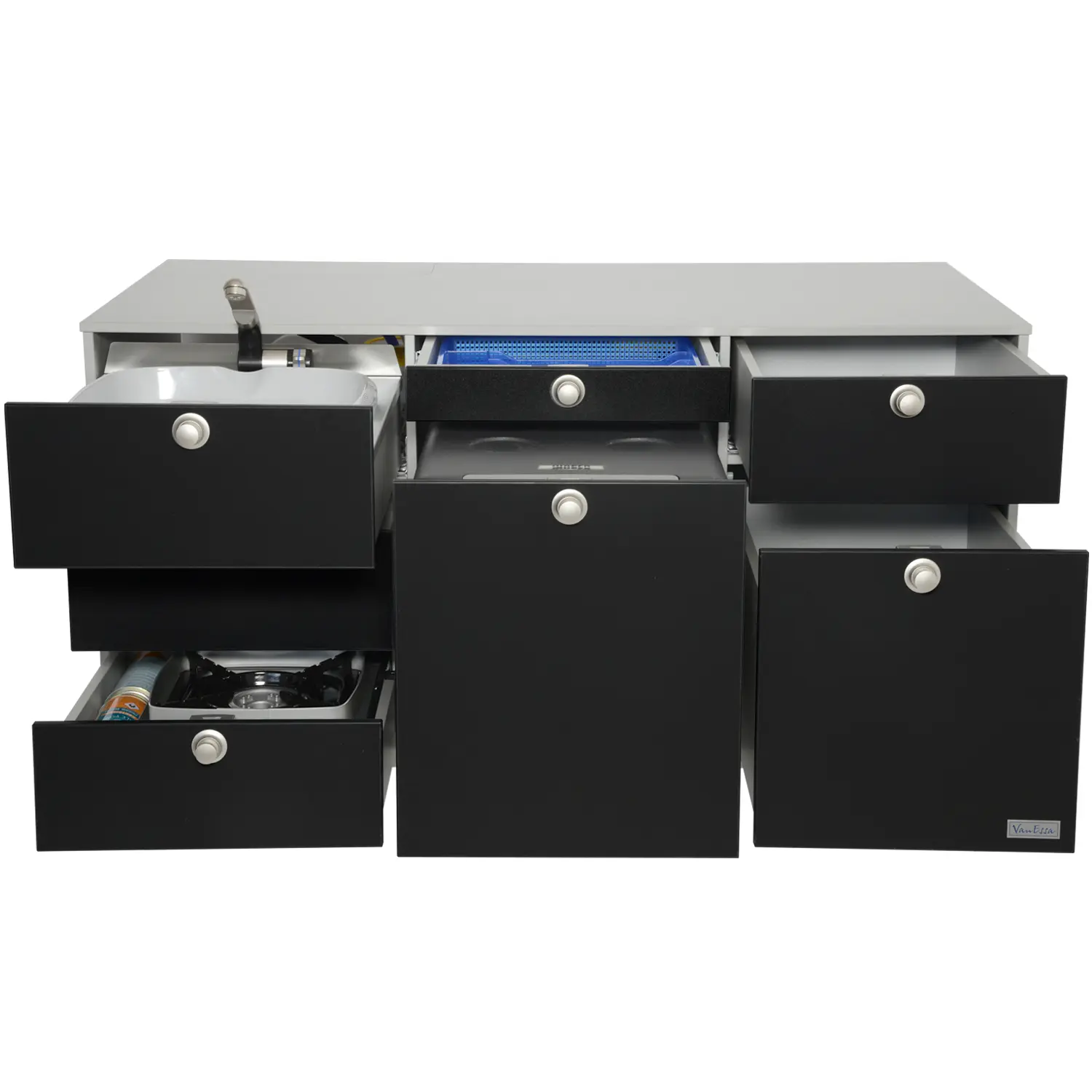 VanEssa Heckküche Hoehe 53 Korpus-Silber Front-Schwarz-matt offen