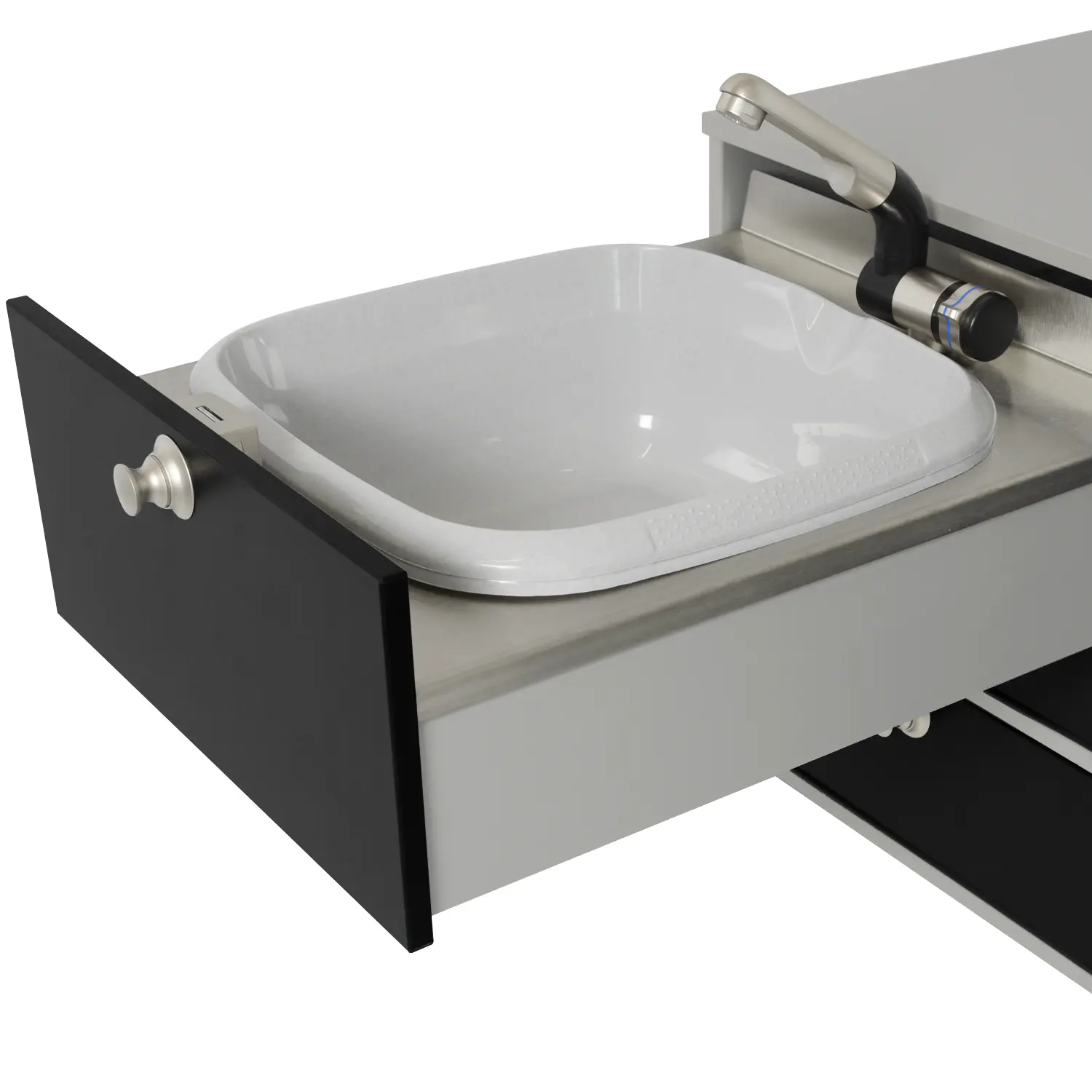 VanEssa Heckkueche niedrig Korpus-Silber Front-Schwarz-matt Spuele