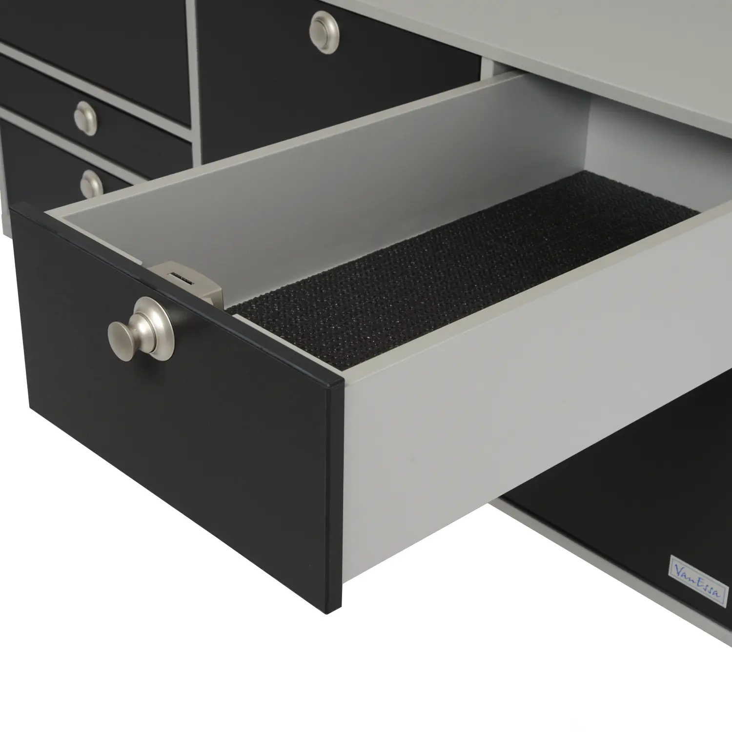 VanEssa Heckkueche niedrig Korpus-Silber Front-Schwarz-matt Stauschublade oben