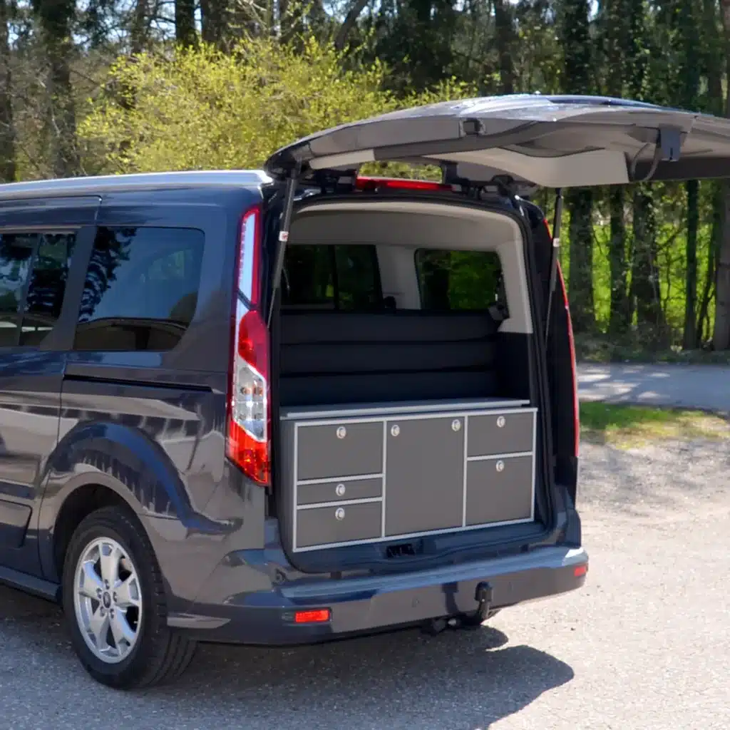 VanEssa rear kitchen body-silver front-black matt in Ford Tourneo Connect sideways