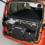 VanEssa rear kitchen body silver front black matt in VW T7 Multivan rear view open from above