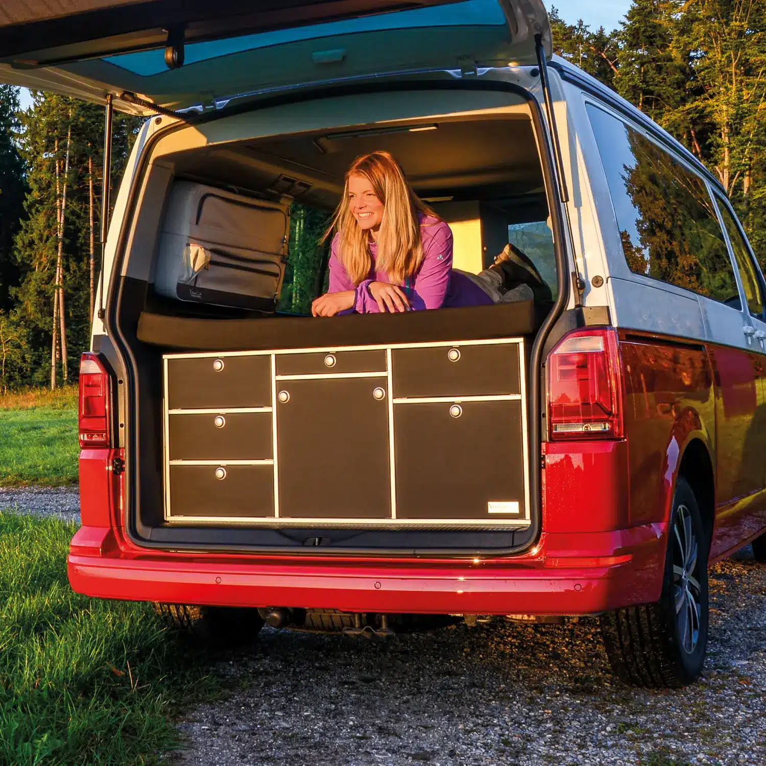 VanEssa rear kitchen carcass silver front black matt in VW T6 California Beach sunset