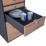 Oslo Kuechenmodul graphit Wildeiche mittlere Schublade mit Geschirr