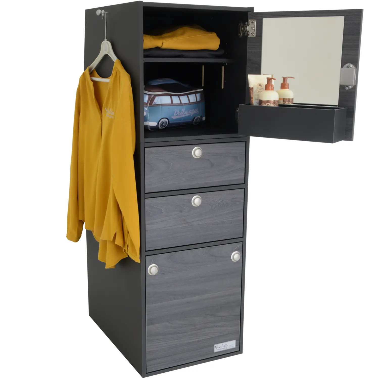 Graphite Swiss fashion tower with open top with decoration and blouse on the side