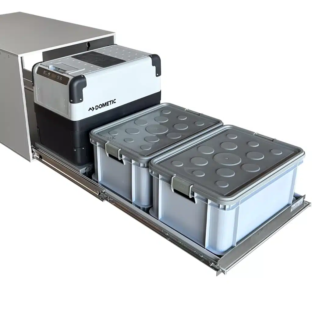 Stacking boxes Gies gray with lid for VanEssa Arco system 2 pieces on pull-out with cooling box