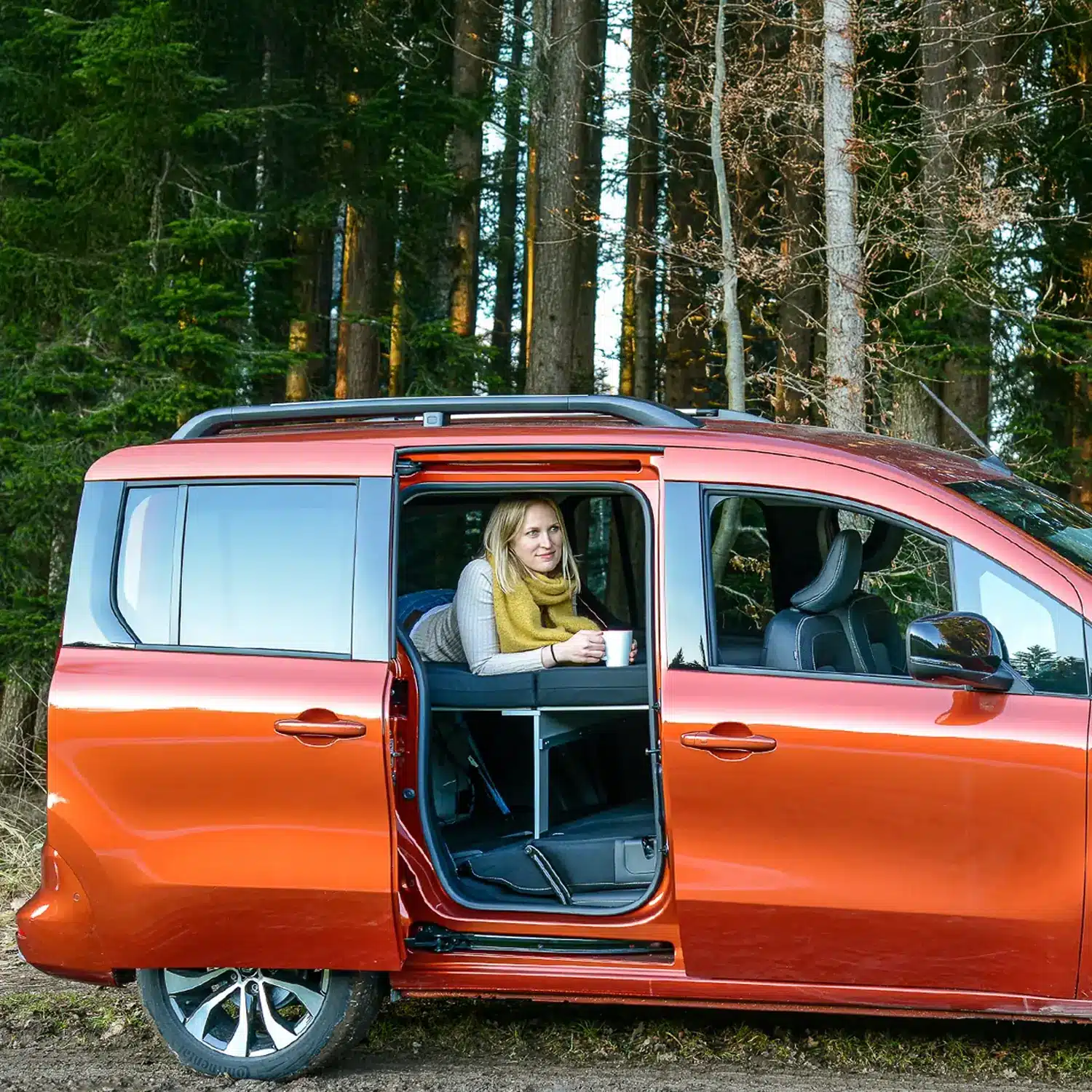 VanEssa sleeping system Renault Kangoo in the forest Coffee