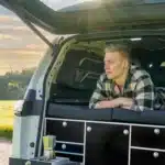 VanEssa pannier anthracite in VW ID. Buzz Cargo with sunset