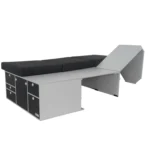 VanEssa sleeping system raised to the right of the rear kitchen