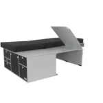 VanEssa sleeping system folded up to the rear kitchen on the right