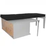 Split sleeping system to the rear kitchen with lying surface on the right and mattress on the right laid out without mattress on the left and lying surface