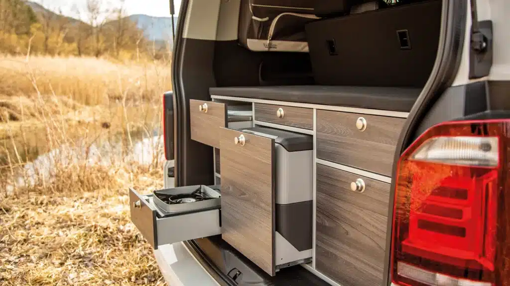 Familienurlaub in Norddeutschland im VW T6 Multivan 2023 mit VanEssa Heckküche Schlafsystem und Packtaschen